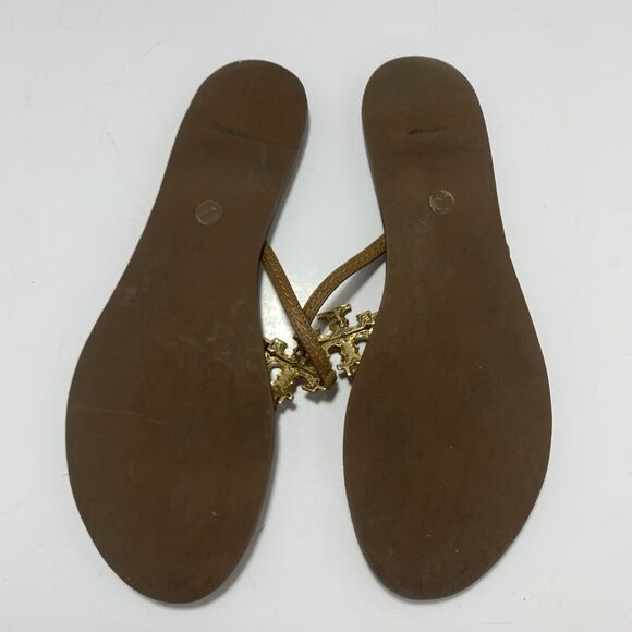 Tory Burch Golden Metal Logo T-Strap Leather Flat Sandals Size 9 Womens - Picture 11 of 11
